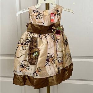 Floral Embroidered Kids Casual Dress - Brown and Cream